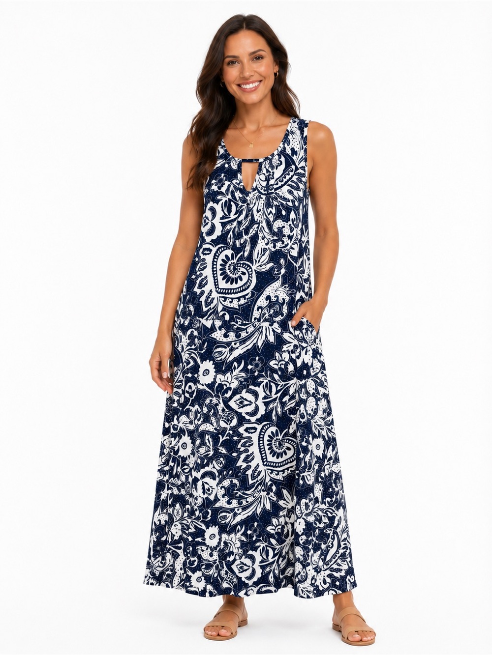 Talbots Navy and White Paisley Sleeveless Maxi Dress